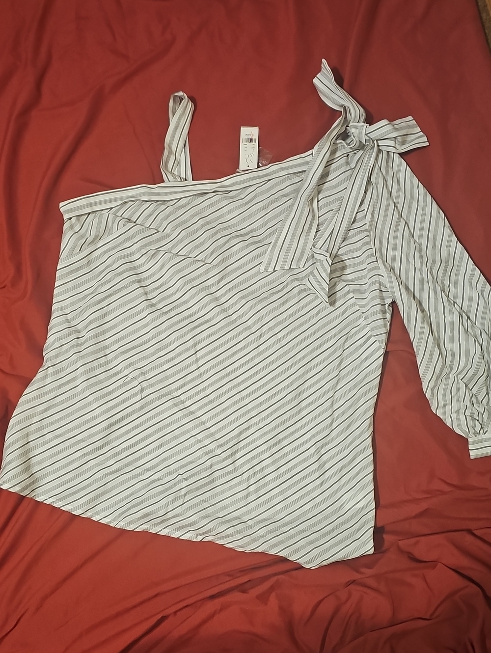 New York & Company White and Gray Striped One-Shoulder Tie-Sleeve Top